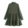 女性ドレス100％コットンシャツスタイルの長袖プリーツのドレスシックなビンテージショート女性のドレスvestidos femme robe 210709