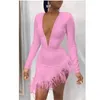 Casual Dresses Sexig Sheer Mesh Feather Spliced ​​Women Deep V Neck Long Sleeve Bandage Dress 2022 Autumn Winter High Midist Party