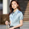 Blauwe korte mouwen shirt vrouwen dunne zomer peter pan kraag formele slanke chiffon blouses kantoor dames werk tops 210604