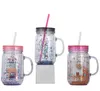 De nieuwste 20oz dubbellaags plastic stro koffiemok met handvat, suikerspeld afdrukken Mason JAR-stijl Waterbeker, ondersteuning aangepast logo