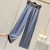 Feminino Primavera Largura Pants Feminino Tamanho Grande 4XL Jean Cintura Alta Calças Azul Longo Baggy Pant 210531