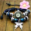 NEWEST Weave Rope Butterfly Pendant charm women watch Black Genuine Leather trundle hoop Bracelet Watches vintage Indian Retro wristwatch