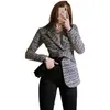 Blazer scozzese Donna Primavera-Autunno Abiti vintage in tweed Giacche Ufficio Donna Chic Cintura Slim pieghettata Patchwork Top Cappotto 210529