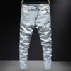 Koreaanse stijl mode mannen jeans hoge kwaliteit retro lichtblauw elastische katoenen gescheurde streetwear hiphop slanke denim broek z6pw
