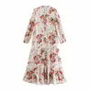 Summer Vintage Floral Printed Dress Women O-neck Three quarters Sleeves Button-up Maxi Boho Shirt Dresses Woman Robe 210709