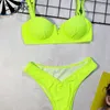 v neck women bikini solid neon Push up bathing suit swimwear Swimsuit female ribbed bathers summer beach wear 210629