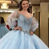 Sparkly Sky Blue Quinceanera klänningar med långa Juliet -ärmar Bärade kristaller söta 16 födelsedagsfest prinsessan boll klänning vestido 403 403