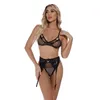 Black Mesh See Through Bra and Flower Lace Pattern Panty Lingerie Set met ribbelband 211208