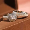 Trouwringen Luxe Vrouwelijke Witte Vierkante Kristallen Ring Belofte Zilver Kleur Engagement Voor Vrouwen Vintage Bruids Zirkoon Set