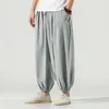 Drawstring Waist Streetwear Men Casual Trousers M-5XL Mens Casual Elastic Waist Linen Ankle Length Wide Leg Baggy Harem Pants X0723