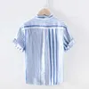 100% Pure Linen Striped Shirts Short Sleeve Casual Stand Collar Hemp Man Summer Fashion Breathable Tops Men's Clothing 210721