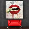 Arte astratta Labbra rosse sexy con soldi Pittura su tela Poster da parete e stampe Immagini per soggiorno Stampe su tela Cuadros