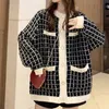 [EWQ] Autumn Sweater Coat Retro Shirt Check Long Sleeve Single Breasted Plaid Loose Knit Cardigan Ladies QB321 210922