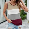 Summer Women Knitting T-Shirt V Neck Sleeveless Contrast Color Patchwork Hollow Out Tee Shirt Casual Streetwear Ladies Tank Tops 210608