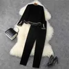 Runway Fashion Fall Winter Trousers Set Women Elegant Full Sleeve Vintage Velour Jacket and Pants Suit Office Outfits 211116