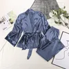 Sexy Cardigan Lace Up Nightgown Set Home Pano Autumn Satin Long Sleeved Calças Solta Senhora Sono Robe Pajama Terno