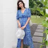 Bohemia Long Dress for women Summer Blue Elegant print V neck Chiffon Sundress Sexy ladies Loose beach Dresses 210602