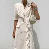 Korjpaa Kvinnor Klänning Sommar Koreansk Elegant Suit Collar Ruffle Stitching Design Double Breasted Slim Short Sleeve Dresses 210526