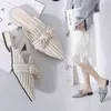Elegant Striped Women Mul Slippers Pointed-toe Flat Ladi Office Sho Butterfly-knot Decoration Summer Slid