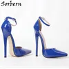 Sorbern Sexy Ankle Strap Women Pump Pointed Toe 18Cm High Heel Patent Blue Shiny Lady Shoes Crossdresser Stilettos Custom Color