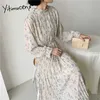 Yitimuceng Kwiatowy Druku Sukienka Kobiety Ruched Eleganckie Midi Szyfonowe Boho Sukienki Wysoka Talia Lato Wiosna Koreański Moda 210601