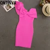 Women Plus Size 5XL 4XL Bodycon One Shoulder Dresses Pink Front Butterfly Bow Tie Knee Length Club Wear Party Dinner Night Robes 210527