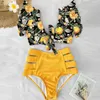 Bloemen gegolfde zoom bikini set vrouwen flora v-hals high-taille twee stuk badpak meisje strand badpak badmode biquinis 210611