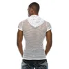 Heren Sexy Mesh See Through Hooded Shirt Mode Korte Mouw Fishnet Hoodies Shirts Heren Hipster Nachtclub Wear-Shirt 210721