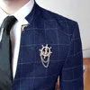 (Jackbyxor) High-end Brand Casual Business Mens Slim Suit Plaid Groom Wedding Dress Male Formal Stand Collar Passar 2st Set X0909