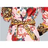 primavera Maxi abiti con stampa floreale rosa Elegante colletto rovesciato Manica lunga Stampa floreale Spacco largo con cintura 210531