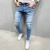 Men's Jeans Puimentiua Men Elastic Waist Skinny Stretch Ripped Pants Streetwear Mens Denim Blue