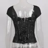 Women's Blouses & Shirts Black Blouse Shirt See Through Lace Up Adjustable Top High Waist Bodycon Corset Women Sexy Gothic Party Bustier Hoo