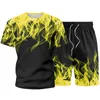 Set da uomo Summer Flame Print Tuta da uomo Casual T-shirt a maniche corte + Pantaloncini Due pezzi Abbigliamento sportivo di moda Tuta sportiva maschile 210603