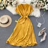 Aibeautier Lady Femmes Robe Bandage Plissé A-ligne Robes Summer Bow Vintage Robes de vacances Robes longues 210623