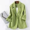 Bawełna i lniana mały garnitur damska kurtka jesień wiosna lato moda slim odchudzanie przycięte rękawy krótka koszula zielona 210930