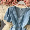 Sommarkvinnor denim kort klänning vintage stil kortärmad v-hals singelbröst hög midja A-line koreanska jeans 210603