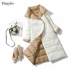 Fitaylor Winter Women Turtleneck White Duck Down Coat Double Breasted Ciepłe Parkas Sedd Long Jacket 211013