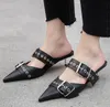 Top Grade Black White Calfskin Leather Riveted Buckle Pointed Kitten Heel Mules Luxury Women Fashion Designer Shoes 40MM