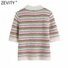 Zeefity Dames Stand Kraag Regenboog Gestreepte Casual Jacquard Breien Trui Vrouwelijke Chique Korte Mouw Pullovers Hollow Tops SW804 210918