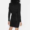 Black Shoulder Pad Dress For Women V Neck Long Sleeve High Waist Ruched Mini Slim Dresses Female Fashion Clothing 210531