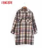 Tangada Kvinnor Rosa Plaid Mönster Långrockar Jacka Lösa Långärmad Focken Ladies Elegant Overcoat 2W42 210609