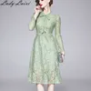 Spring Long Sleeves Temperament Ligth green Midi Dress Women Sexy Elegant Lace Club Celebrity Evening Party 210529