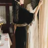 Black Velvet Embroidery Long Women Dress Spring Elegant Improved Cheongsam Sheath Evening Party Night Two Piece Set 210603