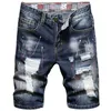 Homens de verão buracos denim shorts azul curta calça jeans moda masculino em linha reta fit conjunto de calças de brim do joelho shorts de boa qualidade homem jeans 40