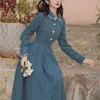 Yosimi Corduroy Blue Dres Spring Elegant Fit et Flare Peter Pan Collier mi-mollet Robes à manches longues Vintage 210604