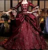 Retro Burgundy Taffeta Lace Quinceanera Dresses Bell Long Sleeve Sweep Train Roal Court Vintage Masquerade Prom Party Dress 15 16 Gowns