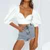 Puff Sleeve Low-Cut V-hals Sexy Crop Top Tshirt Zomer Wit Korte Ruches Backless T-shirt Casual T-shirt Blanc Femme 210604
