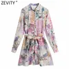 Zevity Femmes Stand Col Boutonné Bow Sashes Shirtdress Femme Patchwork Floral Print Robes Chic A Line Mini Robes DS8255 210623