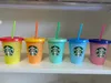 Starbucks Muggar Mermaid Goddess 24oz / 710ml Plast Tumbler Lock återanvändbar Klart Drickande Platt Bottom Straw Färg Byte Flash Black Cuppsi1