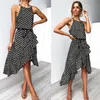 2021 Kvinnors Klänning Casual Ärmlös Dot Sprint Beach Maxi Boho Dresses Tunic Bow Belt Party Wear